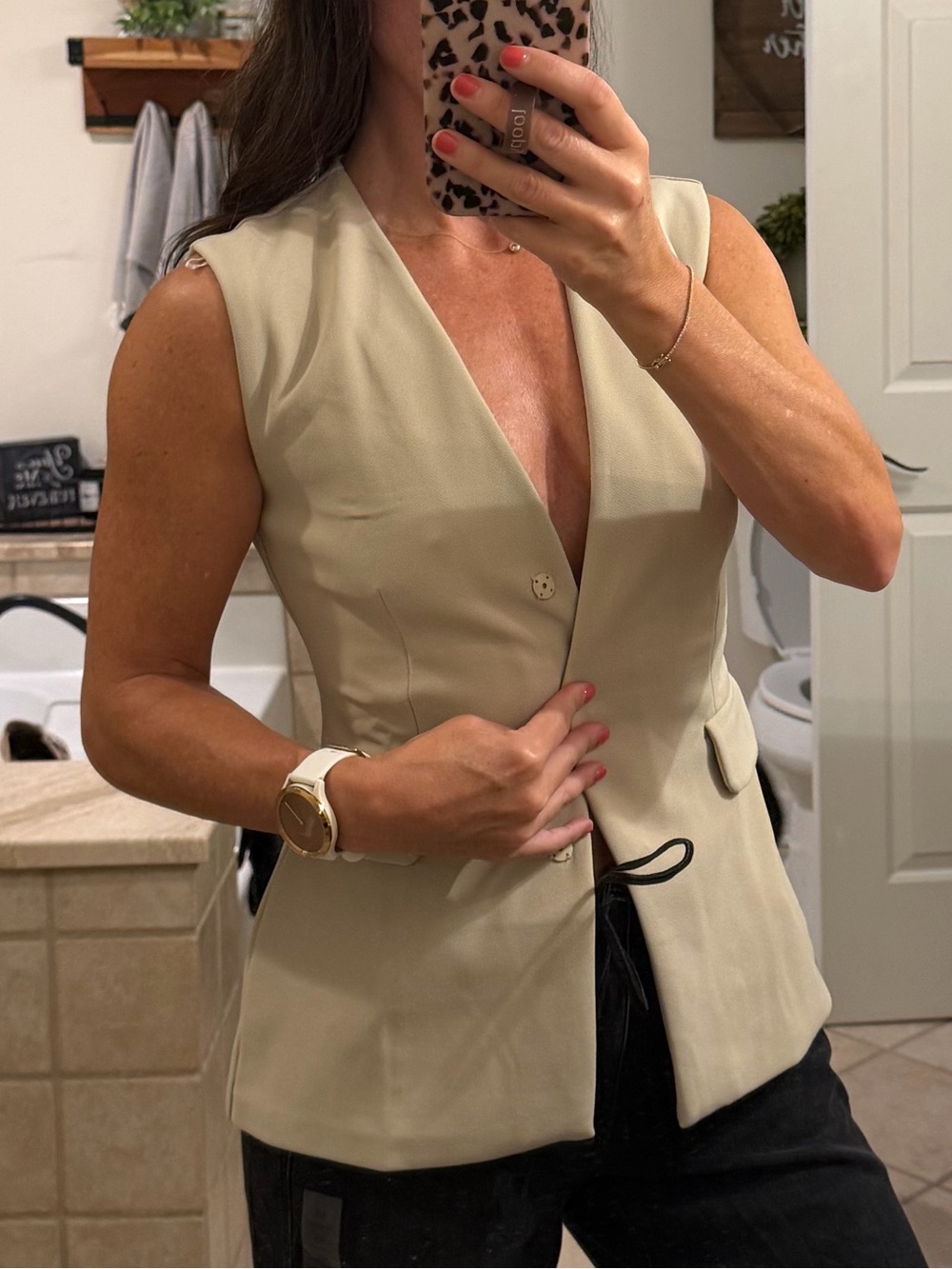 H&M Sleeveless V-Neck Tailored Vest - khaki